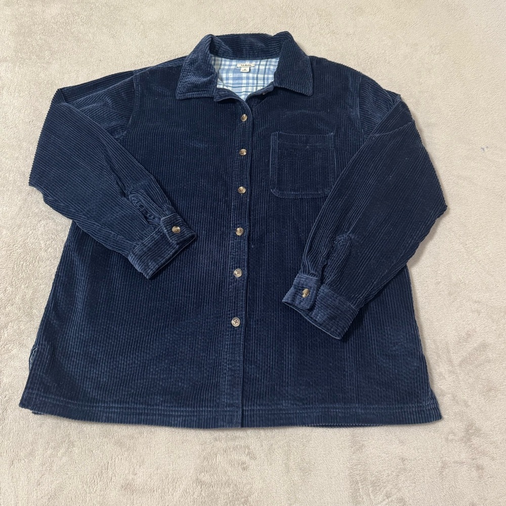🔥LL Bean Shirt Jacket Womens M Navy Blue Corduroy Plaid Flannel Lined Shacket